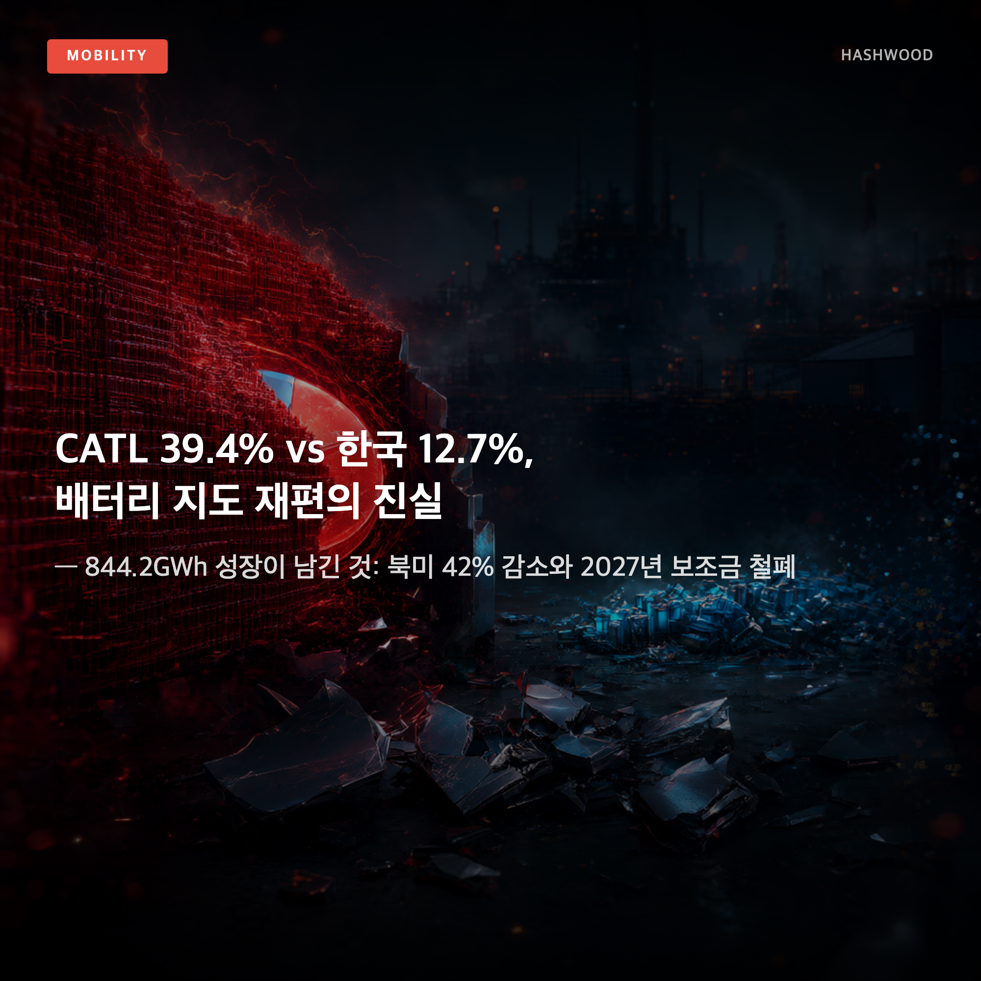 그림: CATL 39.4% vs 한국 12.7%, 배터리 지도 재편의 진실 — — 844.2GWh 성장이 남긴 것: 북미 42% 감소와 2027년 보조금 철폐