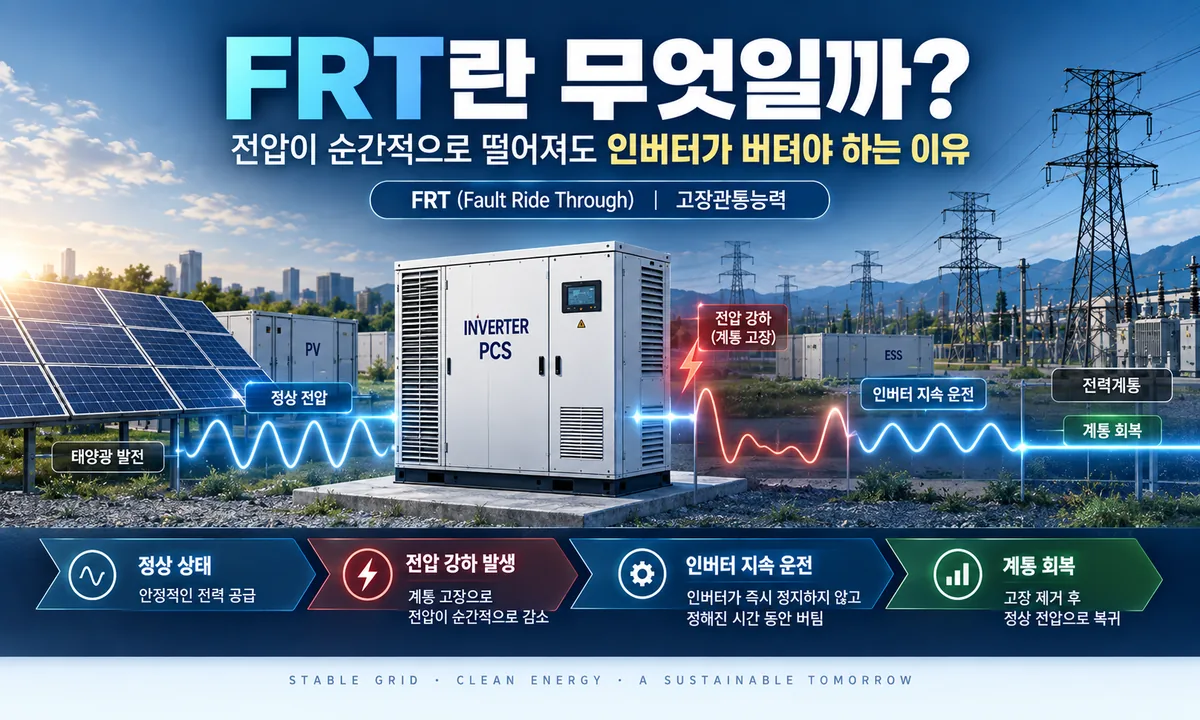 FRT 고장관통능력과 전압강하 시 인버터 지속운전 개념을 설명한 인포그래픽