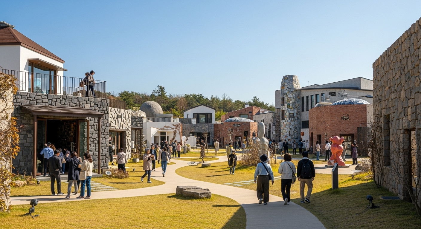 파주 헤이리 예술마을의 독특한 건축물 사이를 산책하는 커플