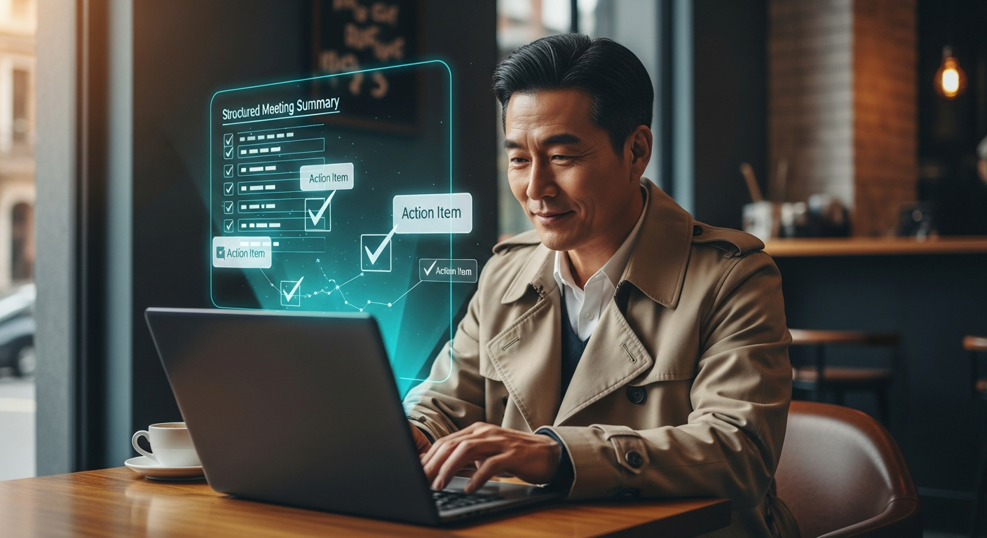 구글 미트 화상 회의 중 실시간 회의록 작성 및 할 일 정리 기능을 수행하는 AI 화면