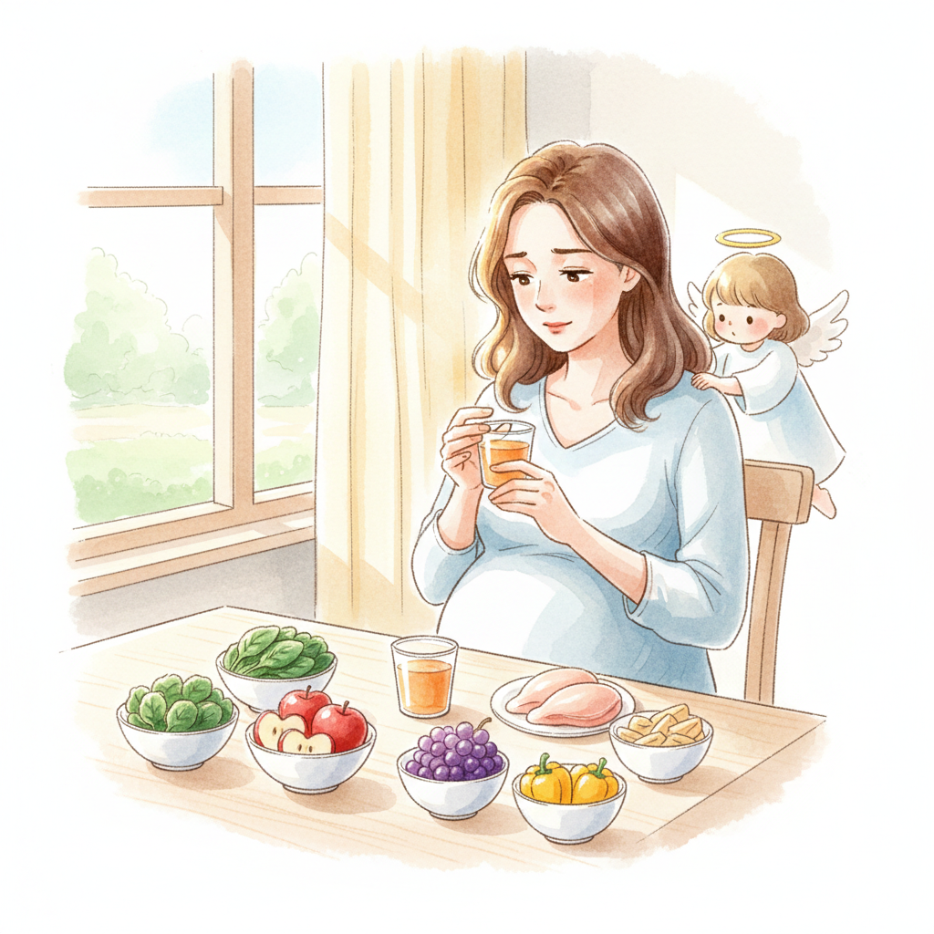 임당검사 시약을 앞에 두고 걱정스러운 표정으로 앉아 있는 임산부와 식탁 위 건강한 식단이 그려진 따뜻한 수채화 삽화