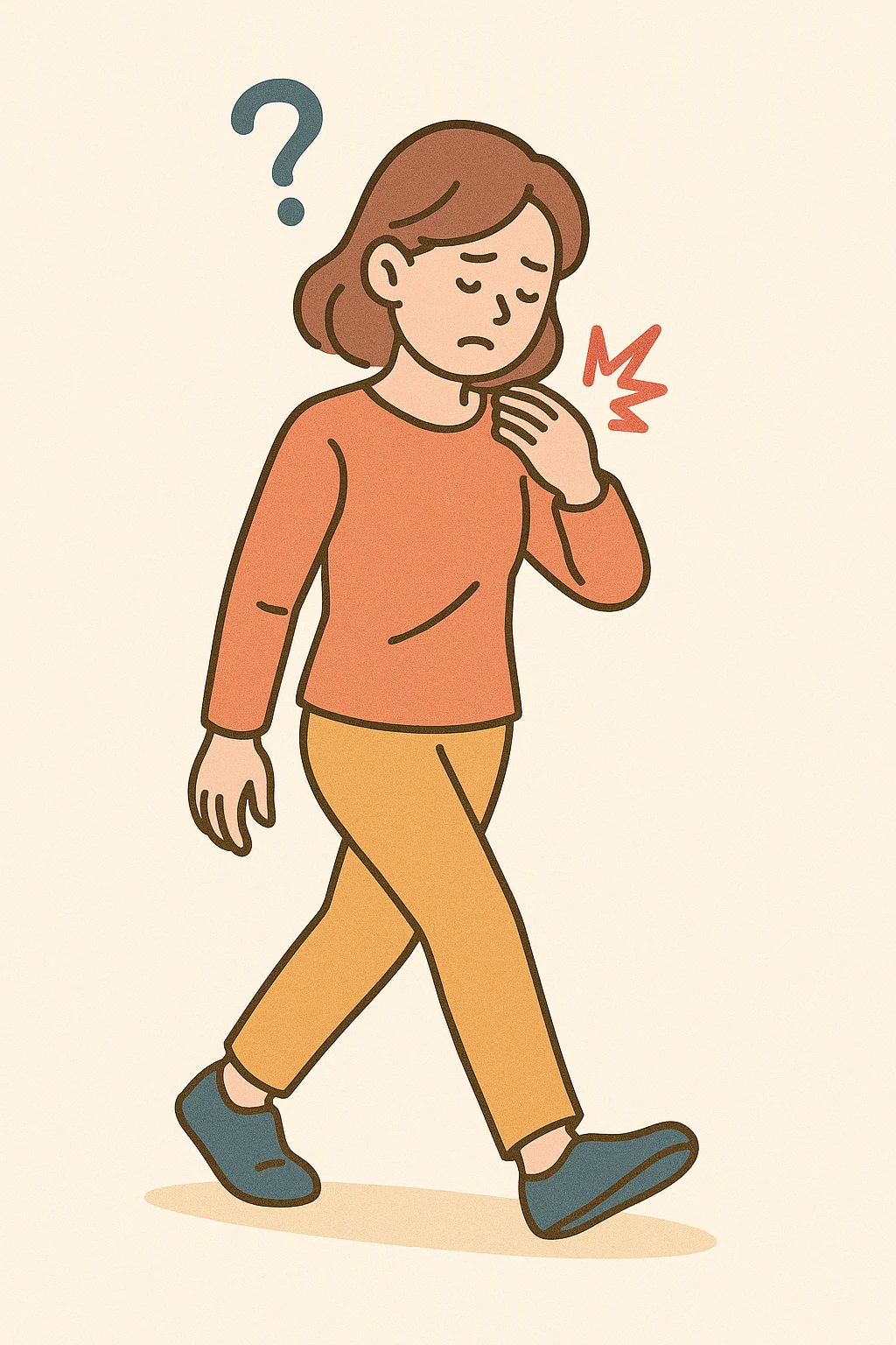 걷는 중 한쪽 어깨에 통증을 느끼는 여성의 일러스트. 통증 부위는 강조되어 있고, 고민하는 표정과 함께 묘사됨.