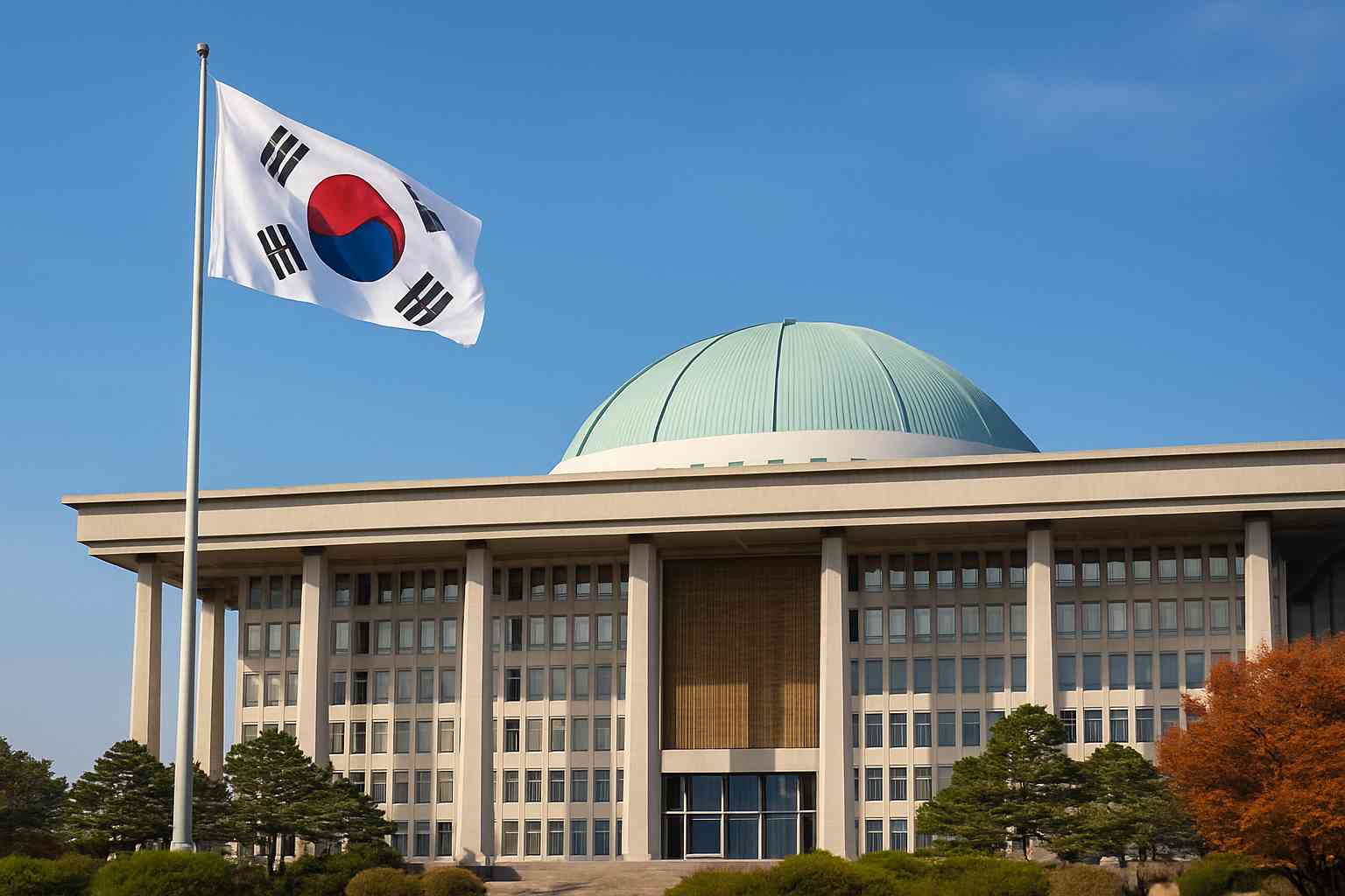 대한민국 국회의사당과 게양된 태극기, 푸른 하늘 아래 정면 전경