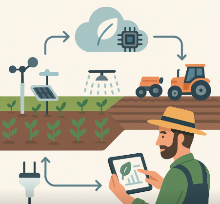 스마트팜 하이브리드 운영을 표현한 인포그래픽. IoT 센서와 AI가 데이터를 분석하고 자동 장비가 작동하며, 농민이 이를 모니터링하고 최종 결정을 내리는 과정을 시각화한 이미지.
