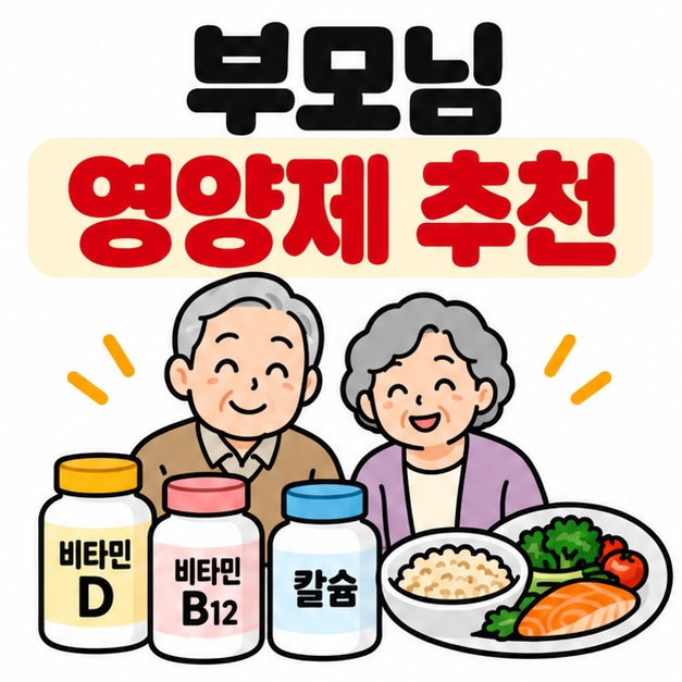 비타민 D 비타민 B12 칼슘과 부모님 실루엣 옆에 부모님 영양제 추천 문구를 크게 보여주는 대표 카드