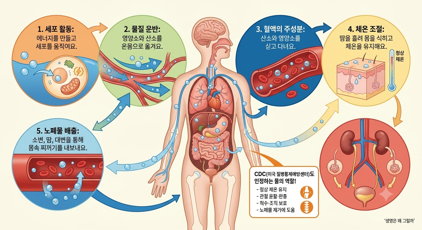 물이 세포 활동, 혈액과 물질 운반, 체온 조절, 노폐물 배출 등 우리 몸의 여러 기능에 관여하는 모습