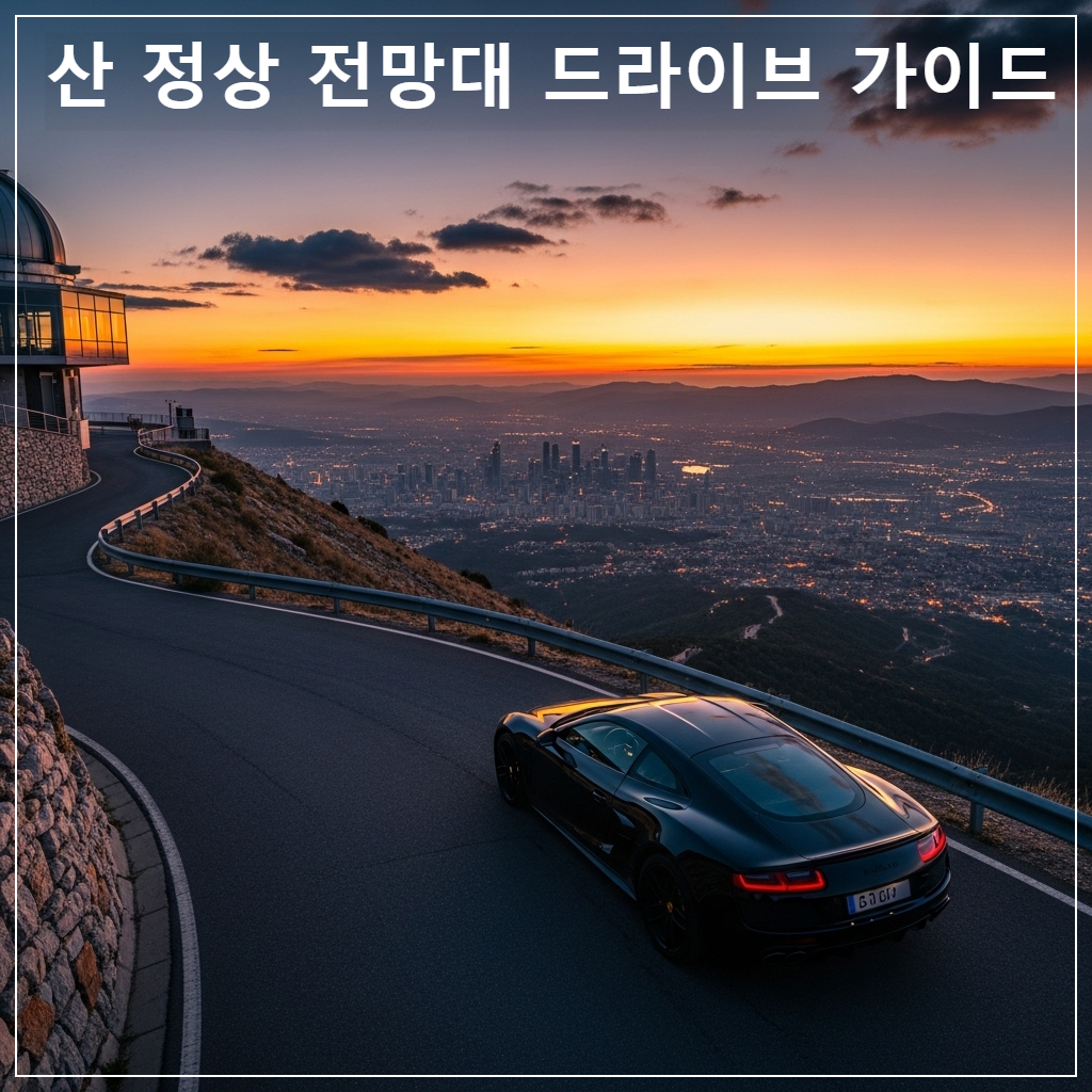 굽이진 산악 도로를 지나 정상에 위치한 현대적인 전망대에서 바라본 광활한 도시와 자연의 파노라마 전경 이미지