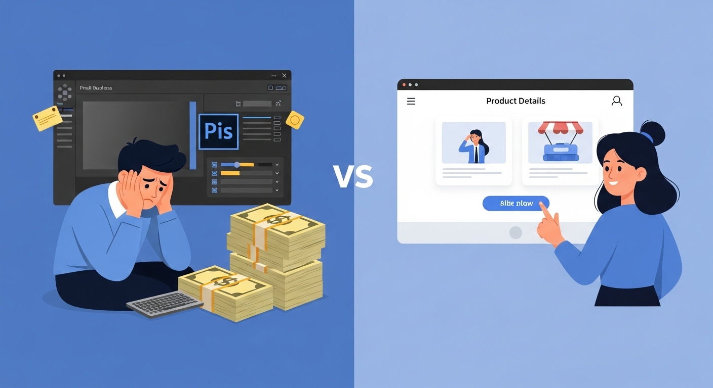 잡한 포토샵 화면과 비용 청구서에 좌절하는 셀러와 AI 솔루션으로 손쉽게 상세페이지를 만드는 셀러의 모습.
