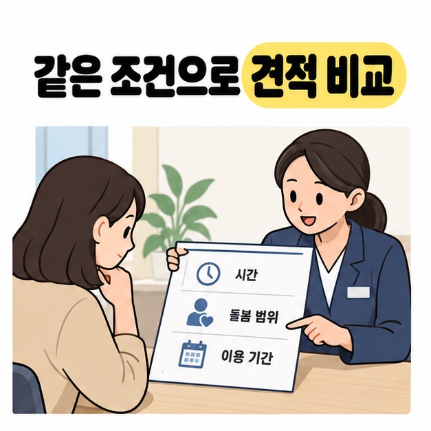 상담 직원과 보호자가 시간과 돌봄 범위, 이용 기간을 적은 상담지를 보며 견적 조건을 확인하는 그림