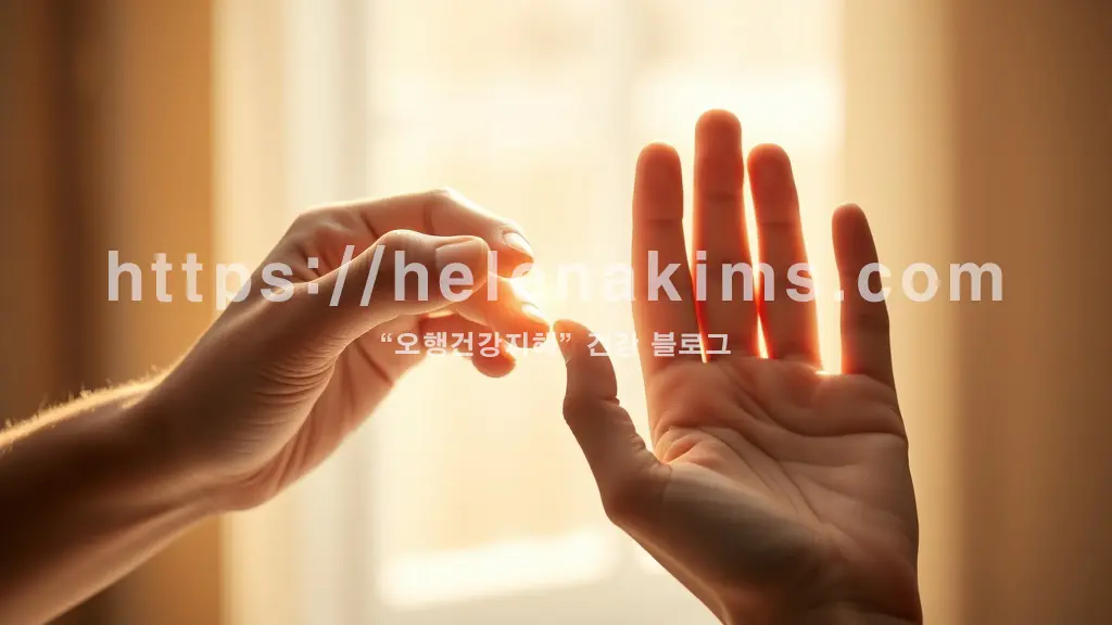 따뜻한 아침 햇살이 은은하게 비추는 배경. 중앙에는 손가락 마디가 붓고 뻣뻣해 보이는 손가락 마디와, 그 옆으로 부드럽게 펴진 건강한 손가락이 대비되어 있다.