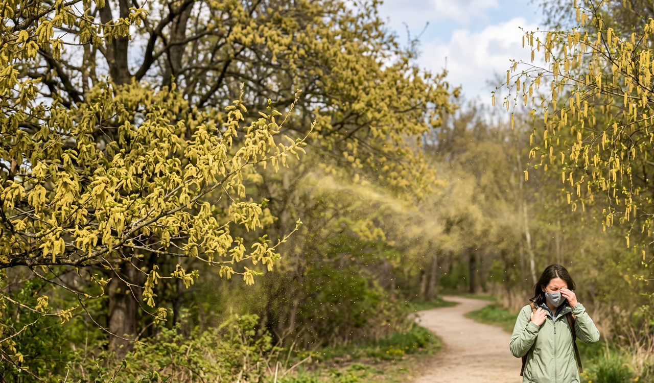 봄철 야외에 날리는 노란 꽃가루와 알레르기 유발 나무 개화 모습