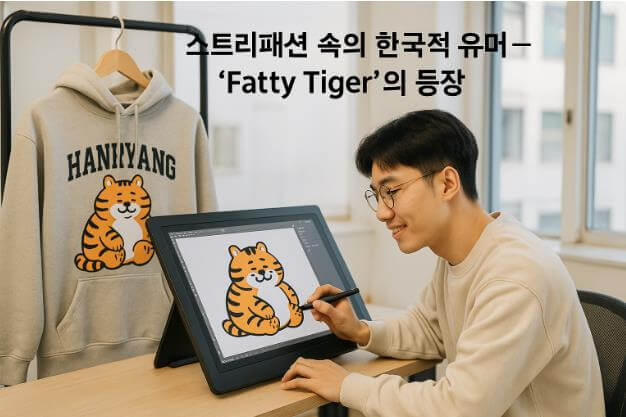 한량 후드의 상징인 Fatty Tiger 캐릭터를 디자인하는 한국 디자이너의 모습