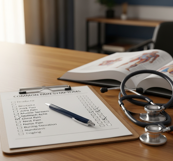 진료실 책상 위에 놓인 클립보드와 펜. 통증 증상에 대한 체크리스트가 적혀 있으며, 옆에는 의학 서적과 청진기가 놓여 있다