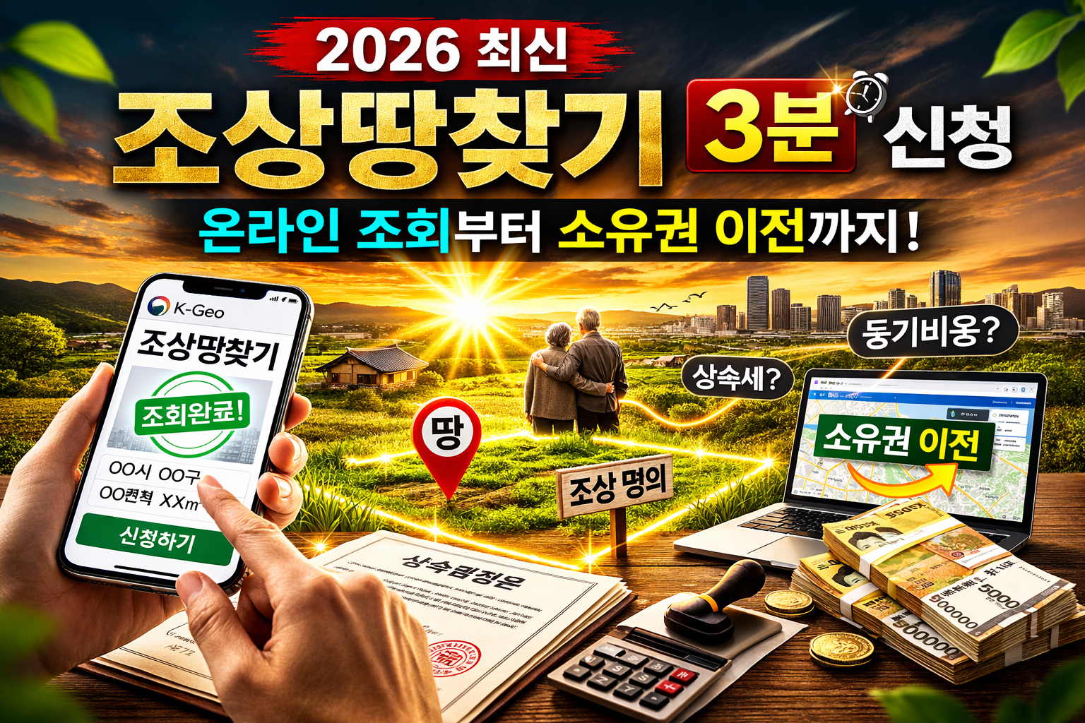2026 조상땅찾기 온라인 신청 방법과 소유권 이전 절차를 설명하는 썸네일 이미지