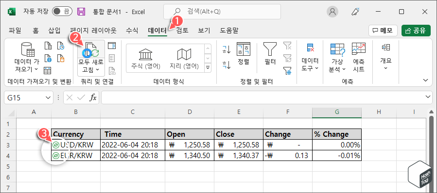 환율 데이터 모두 새로 고침