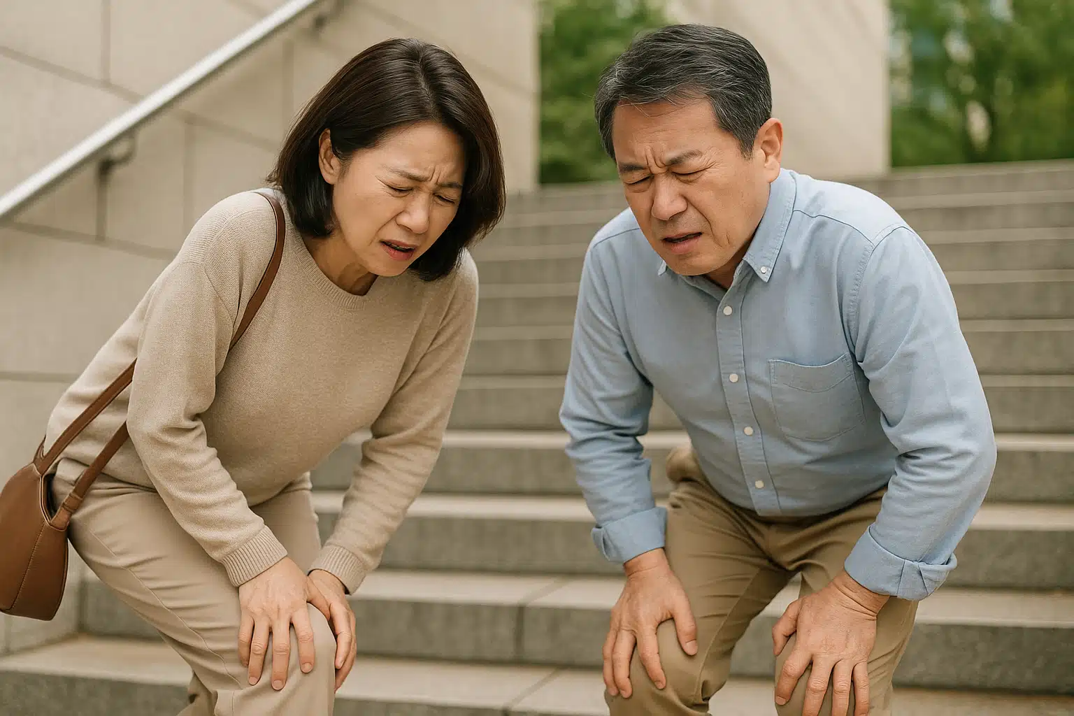 왼쪽 무릎을 짚으며 불편해하는 중년 남녀, 계단 오르다 통증으로 잠시 멈춘 모습