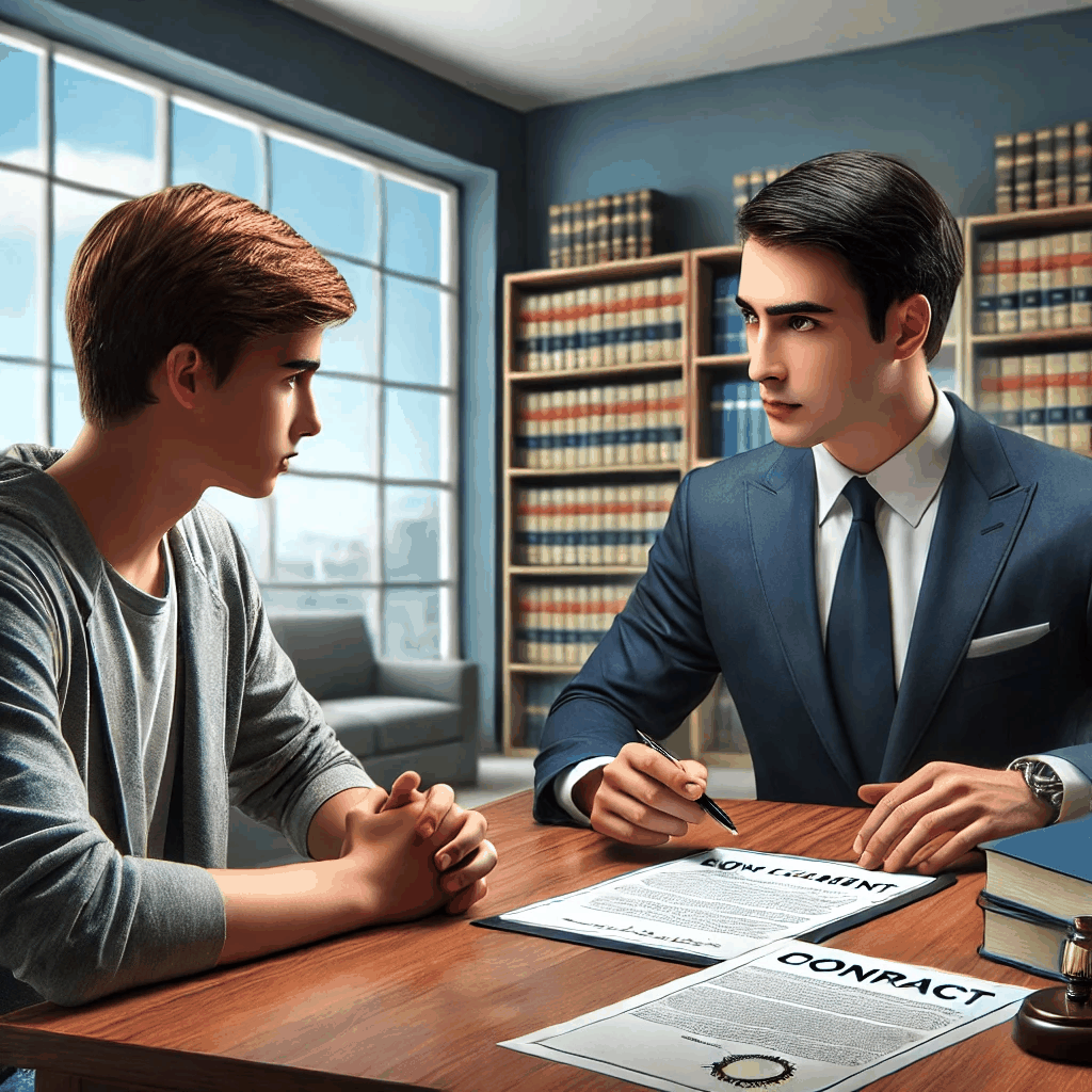 법률 사무실에서 대학생이 변호사와 계약 및 미성년자 권리에 대해 상담하는 장면