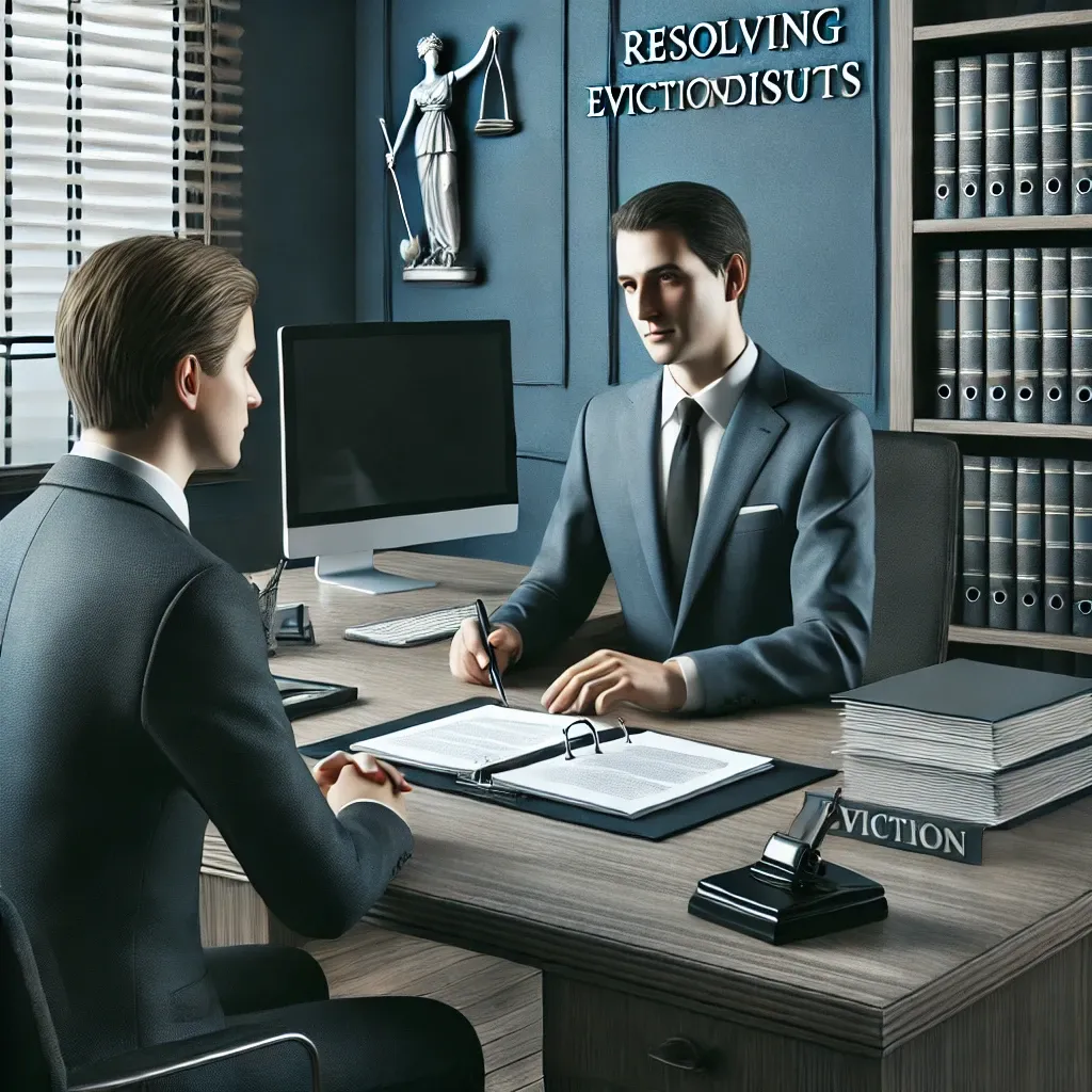 변호사가 명도소송 문서를 검토하며 클라이언트와 대화하는 장면