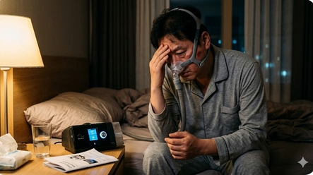 양압기 마스크를 착용한 상태로 숨이 막히는 듯 답답한 고충을 묘사함.