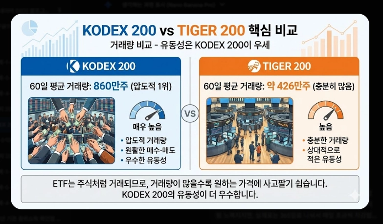 KODEX 200 vs TIGER 200 비교 총보수&middot;거래량&middot;순자산 분석 및 선택 가이드 (2026)