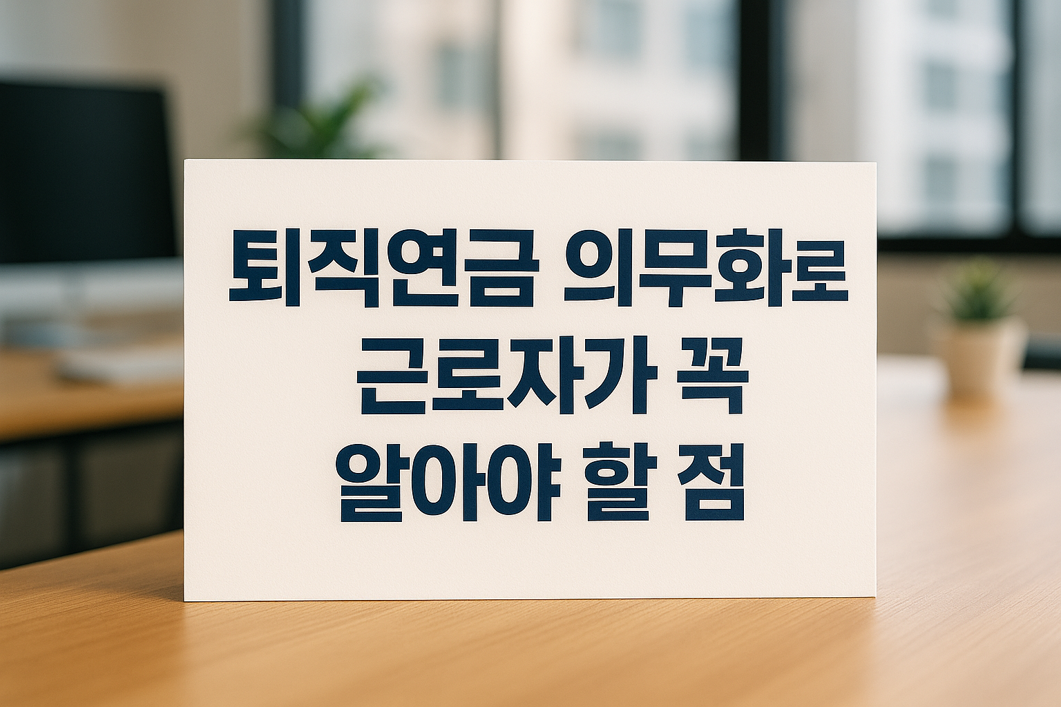 사무실 책상 위에 놓인 '퇴직연금 의무화로 근로자가 꼭 알아야 할 점' 문구가 적힌 표지판