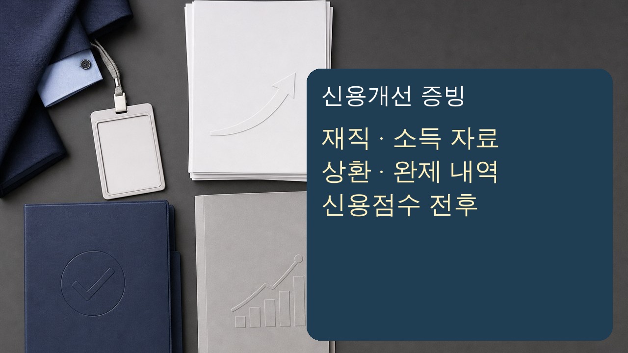 금리인하요구권 신청 서류로 재직 소득 부채감소와 신용점수 개선 자료를 구분한 장면