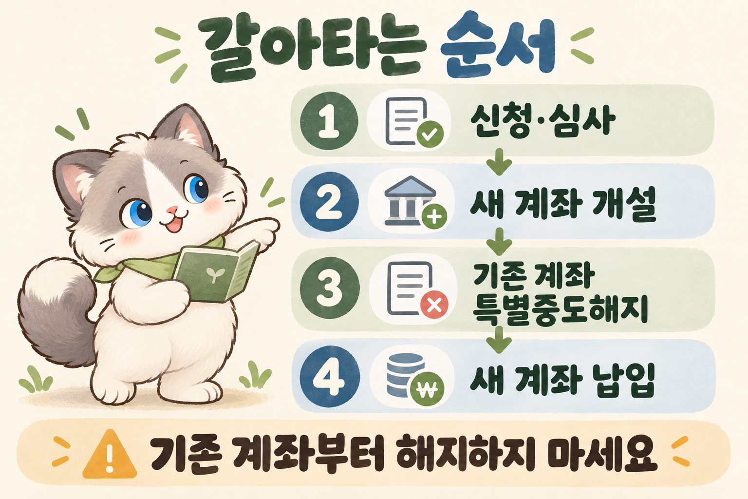 신청·심사, 새 계좌 개설, 기존 계좌 특별중도해지, 새 계좌 납입으로 이어지는 네 단계. 코미가 새 계좌 개설 다음의 순서를 가리키며 기존 계좌부터 해지하지 말라고 안내한다.