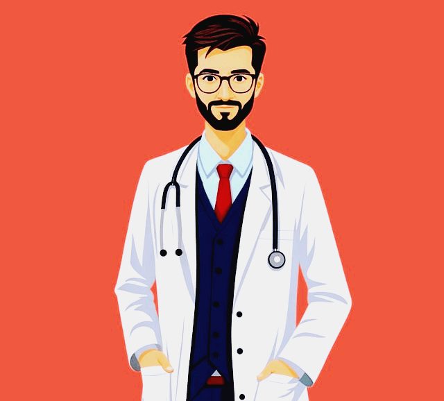 하얀 의사 가운을 입은 남자 의사가 서 있다. 구레나룻 수염이 있고 검정 안경을 착용했다.