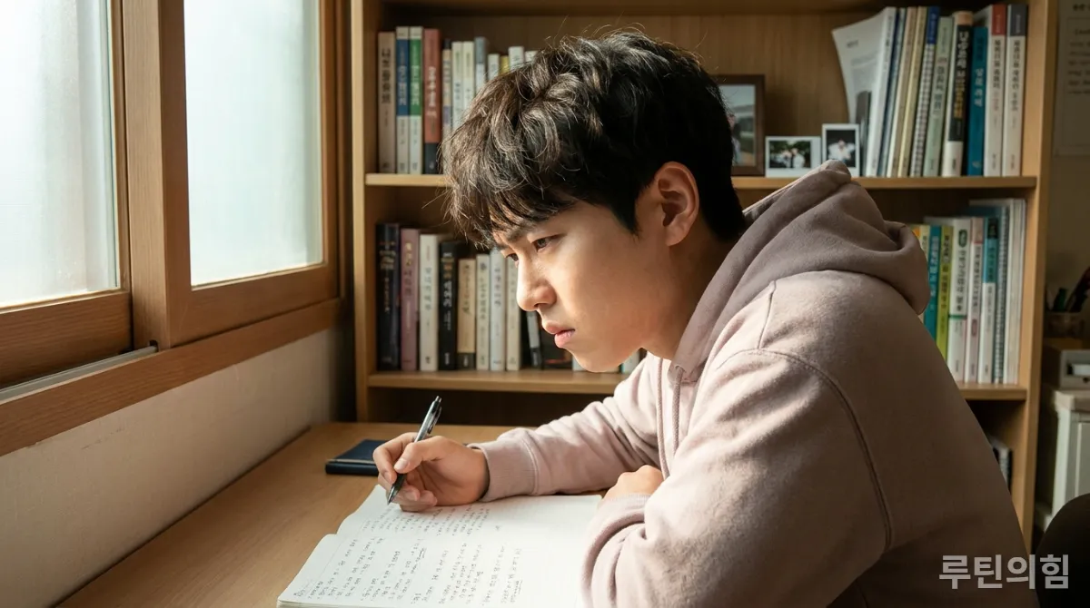 책상에 앉아 집중하며 공부하는 한국인 젊은 남성
