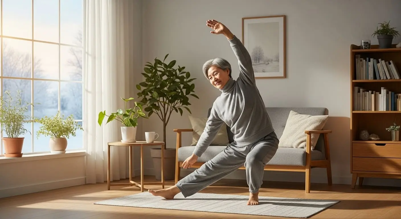 창밖은 춥지만 따뜻한 실내에서 스트레칭하는 노인, 겨울철 실내 운동의 중요성을 보여줌