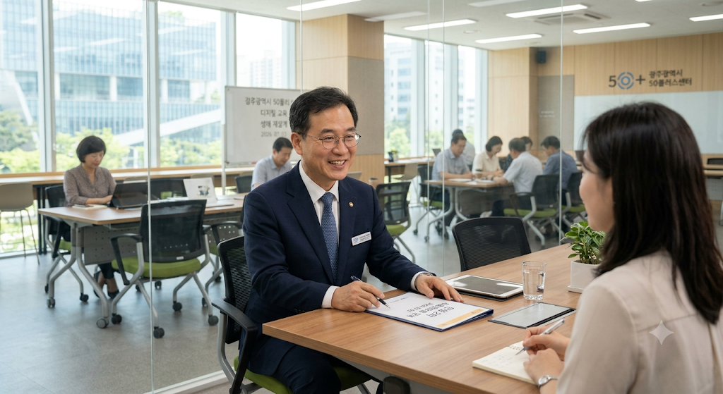 광주 관내 비영리 기관 및 행정 시설에서 자신의 경력 노하우를 살려 상담 및 컨설팅 사회공헌활동에 참여하고 보람을 느끼는 장년층 전문가의 미소.