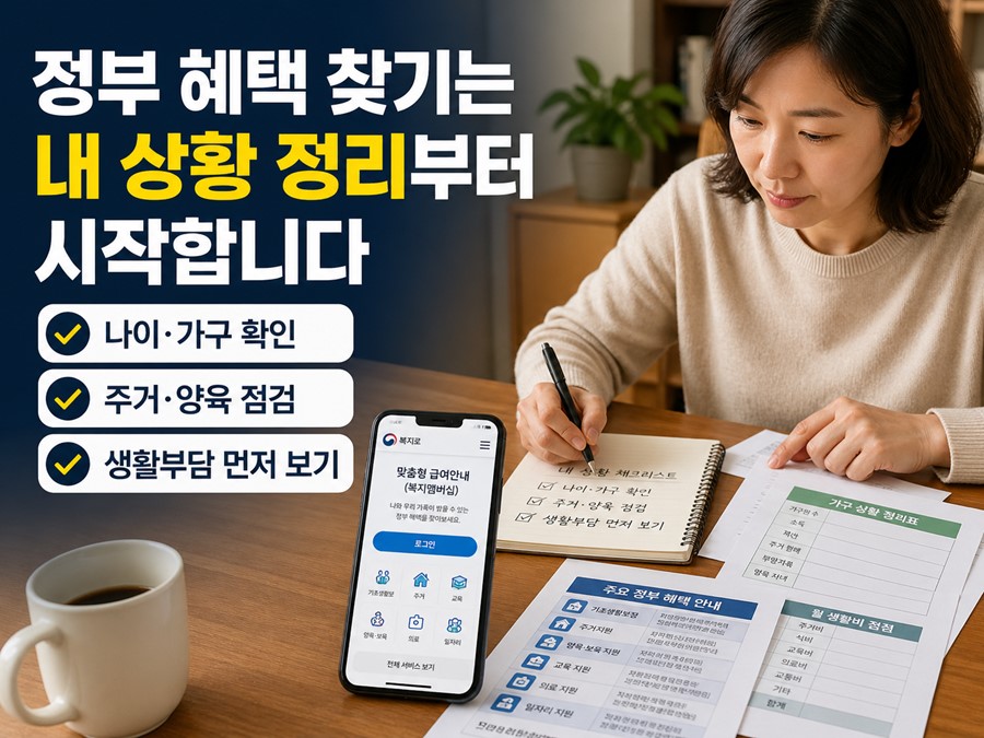정부 혜택을 찾기 전에 나이, 가구 형태, 주거 상태, 양육 여부, 생활부담 항목을 먼저 정리하는 방법을 보여주는 체크리스트형 이미지입니다.