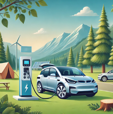 충전소 옆에 전기차가 주차된 아름다운 자연 경관으로 둘러싸인 경치 좋은 캠핑장