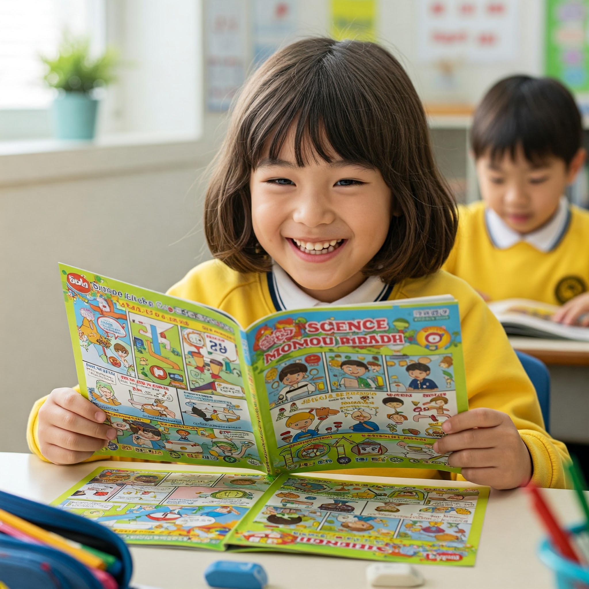 초등학생 학습만화를 읽는 모습