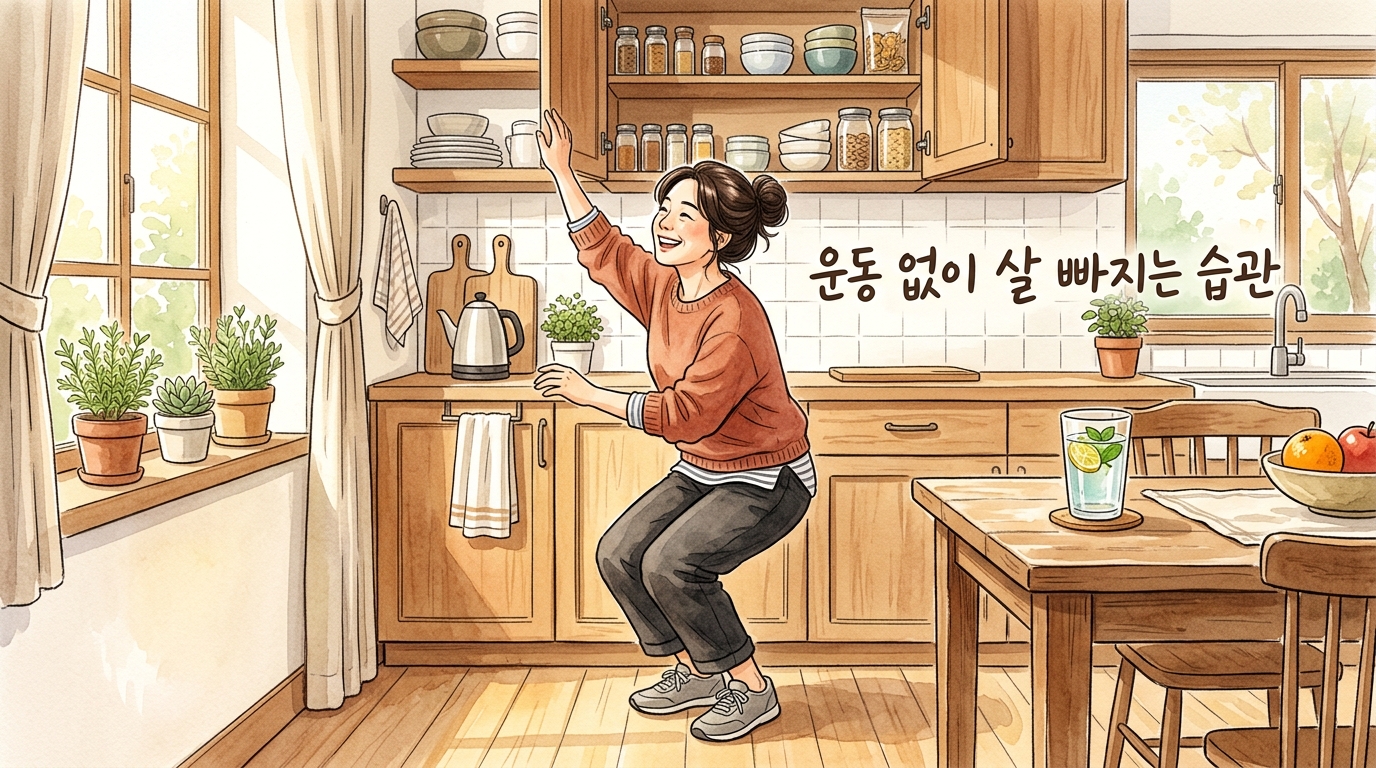 주방에서 일할 때 투명 의자 자세를 취해서 생활 속 무의식 다이어트를 실천하고 있는 모습.