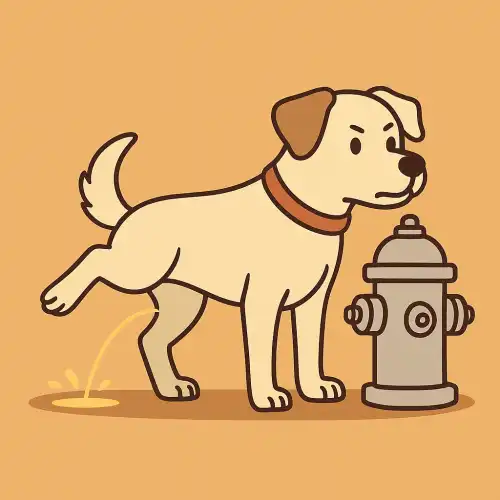강아지가 소화전 옆에서 한쪽 다리를 들고 소변을 보고 있는 귀여운 그림
