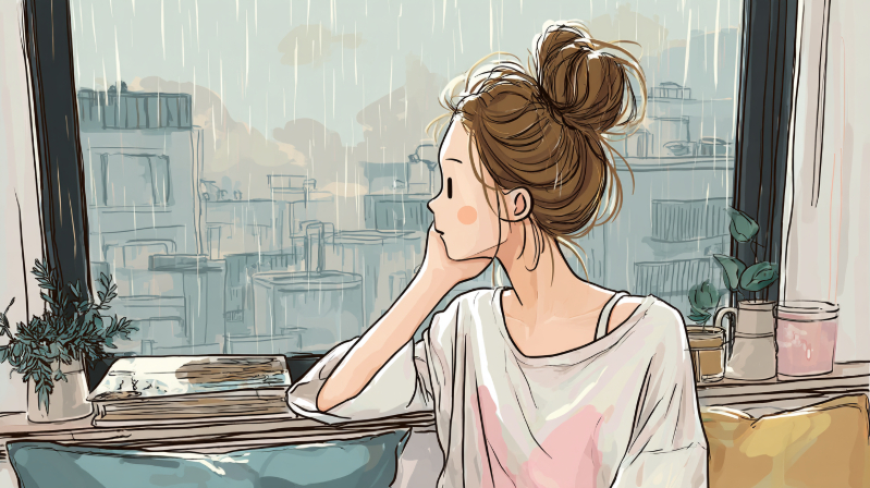 혼자 생각에 잠긴 사람이 창밖을 바라보는 모습