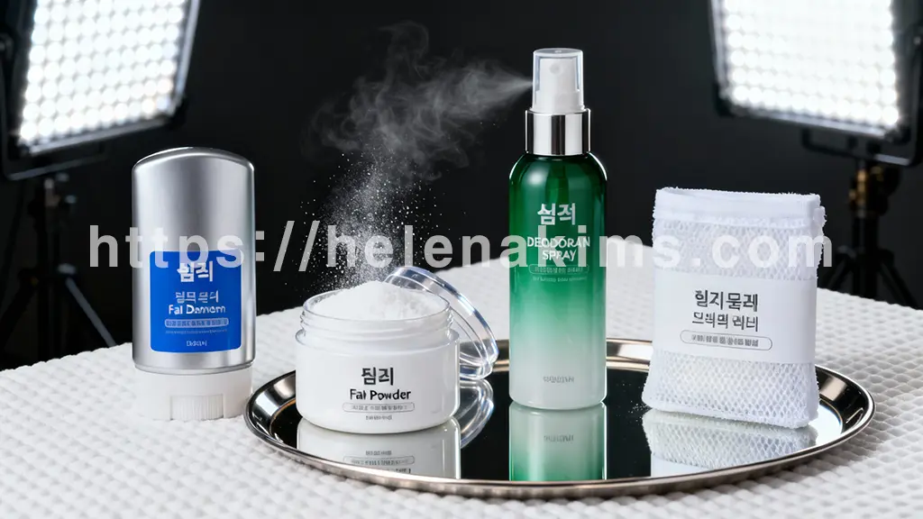 다한증 관리를 위한 다양한 기능성 제품들이 조화롭게 배치되어 있다. 발 전용 땀 억제제 용기, 은은하게 파우더가 흩뿌려지는 모습.