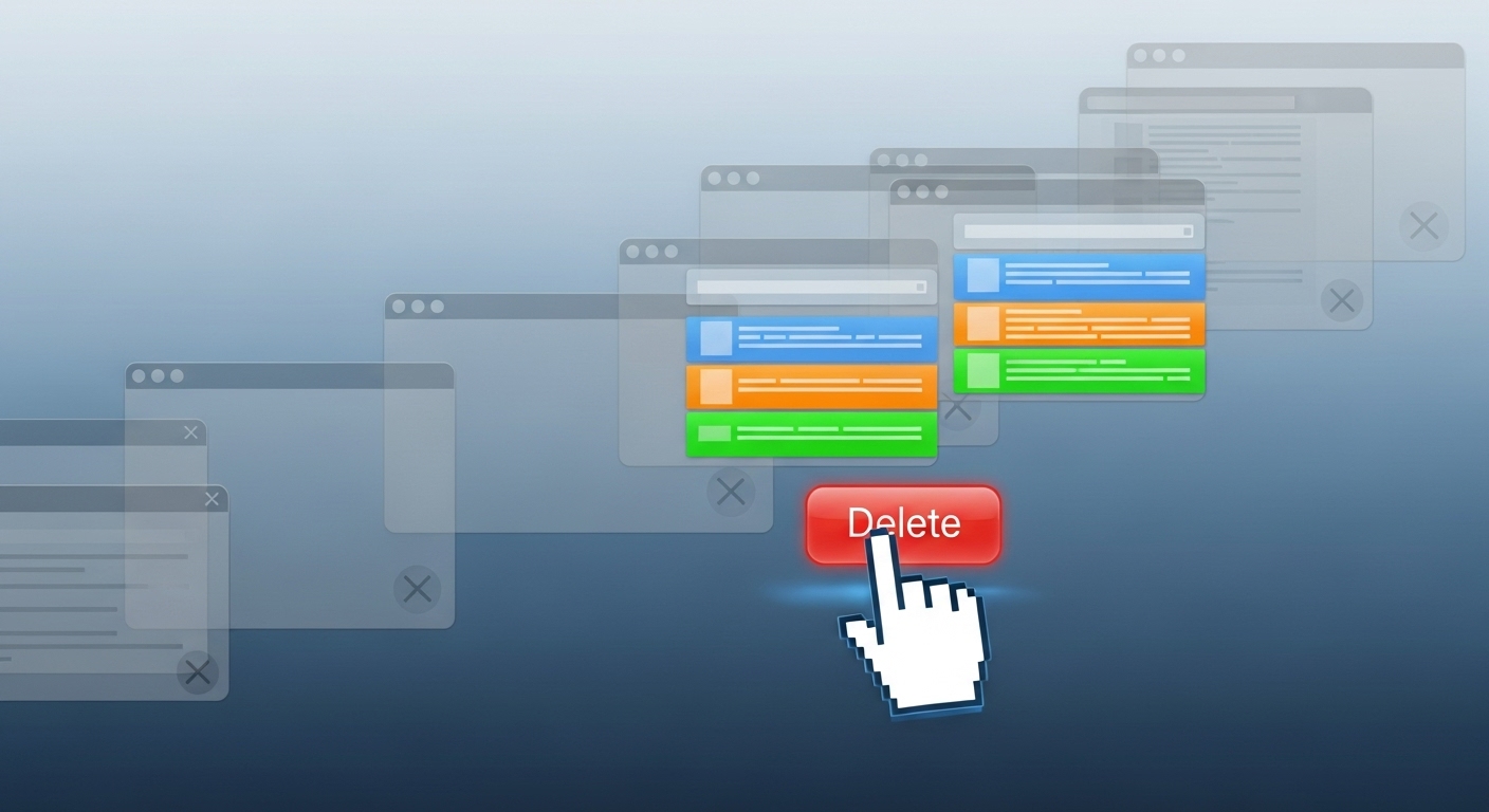 불필요한 파일을 삭제하고 웹하드 용량을 정리하는 과정을 보여주는 추상적인 이미지.