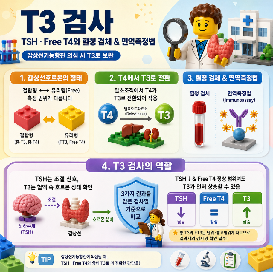 T3 검사와 TSH·Free T4의 관계, 혈청 검체와 면역측정법을 설명하는 레고 스타일 메디컬 인포그래픽