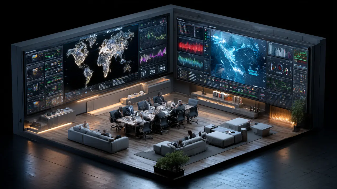 Executives review global dashboard for AI GEO tools comparison for SEO teams 2026 on large wall display with world map.