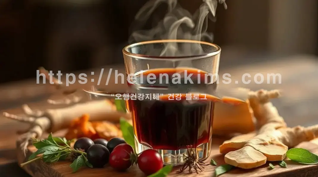 몸 속을 따뜻하게 채워줄 듯 은은한 김이 모락모락 피어나는 진한 흑염소즙이 담긴 투명한 유리잔. 잔 주변에는 건강함을 상징하는 싱싱한 약초 인삼, 대추, 생강와 자연 재료들이 조화롭게 어우러져 있는 모습.