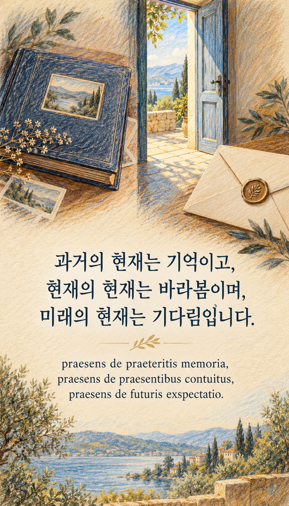 과거의 현재는 기억이고, 현재의 현재는 바라봄이며, 미래의 현재는 기다림입니다. — 색연필로 그린 사진첩과 열린 문과 봉투, 종이 질감의 색연필 그림