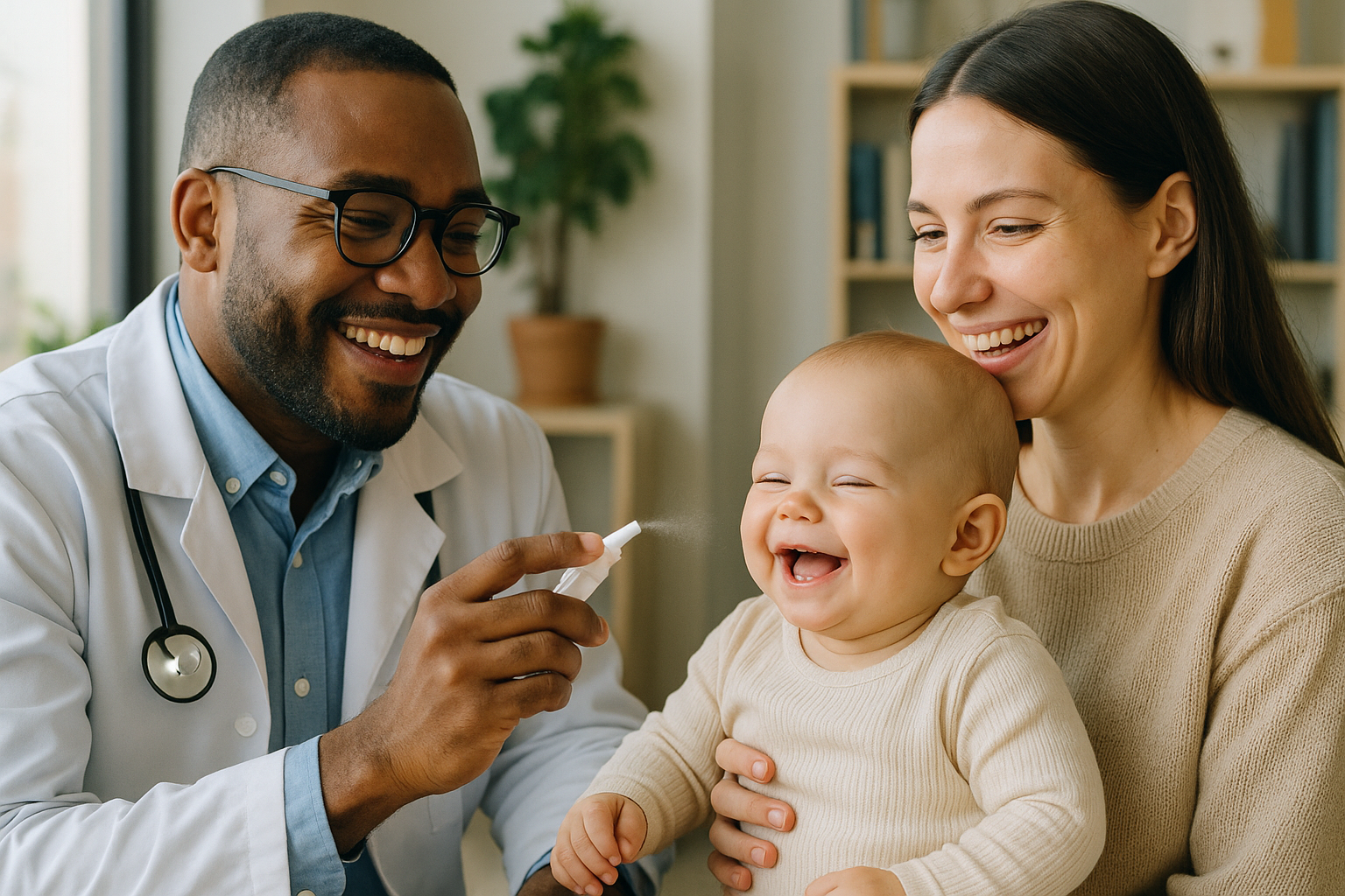 주사 대신 미스트로 백신을 맞는 아기