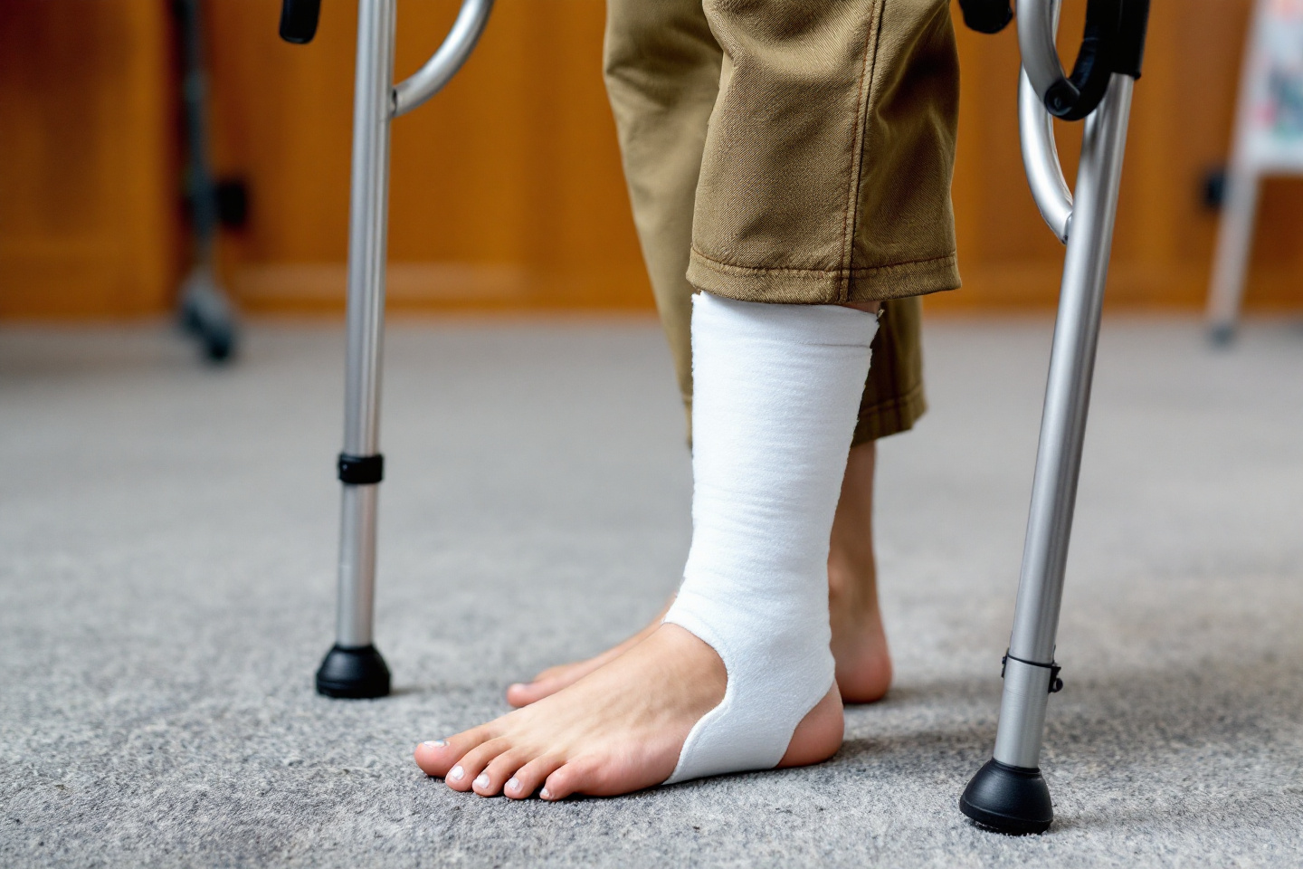 발목 골절로 목발을 짚고 있는 모습