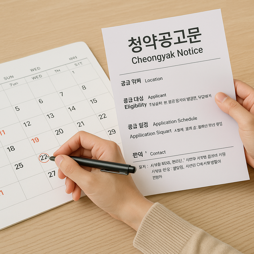 달력과 청약공고문을 함께 보는 사람의 모습