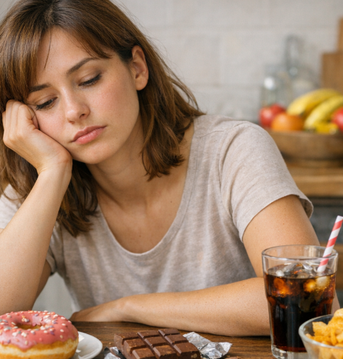 단 음식과 건강한 식사 사이에서 혈당 리듬을 고민하는 여성