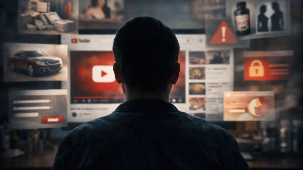 모니터 화면 앞에 앉아 유튜브를 보는 사람의 뒷모습과, 주변에 여러 사기성 광고 팝업이 흐릿하게 겹쳐 보이며 위험성을 암시하는 장면