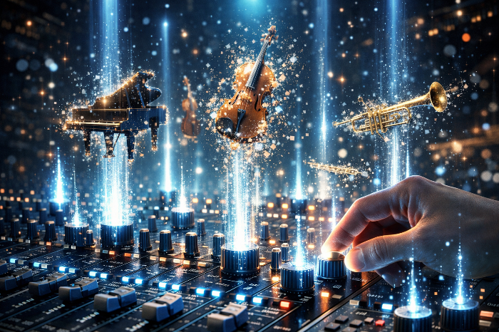 절차적 생성 기법을 통해 고품질 악기 음색을 실시간으로 직조하는 오디오 엔진 이미지.