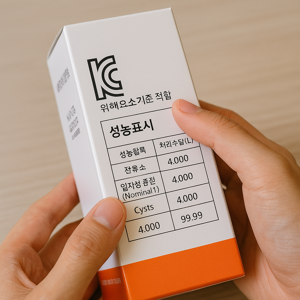 KC 마크와 성능표가 인쇄된 정수기 필터 상자 라벨